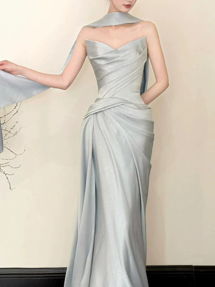 Sexy Strapless Light Blue Prom Dress With Scarf Satin Pleated Mermaid Evening Dress AP7118