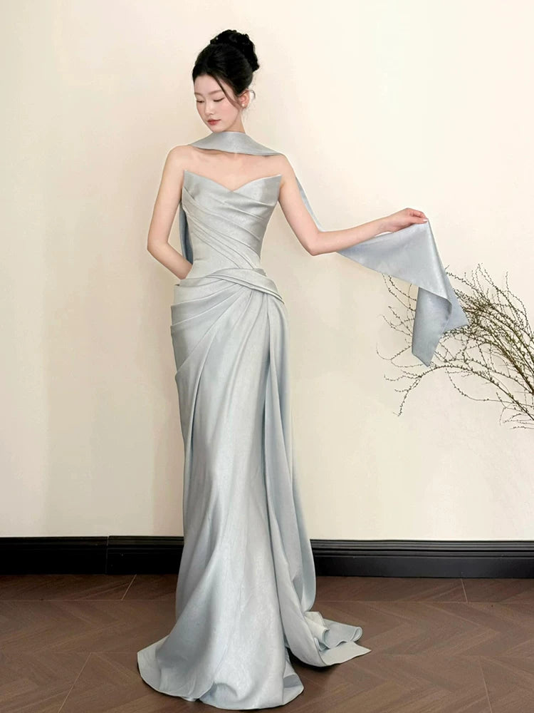 Sexy Strapless Light Blue Prom Dress With Scarf Satin Pleated Mermaid Evening Dress AP7118