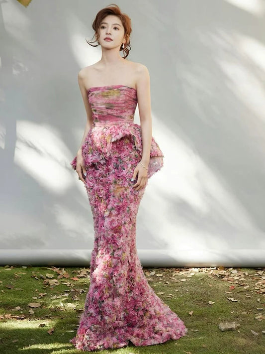 Princess Strapless Pink Prom Dress 3D Floral Tiered Mermaid Evening Dress AP7119