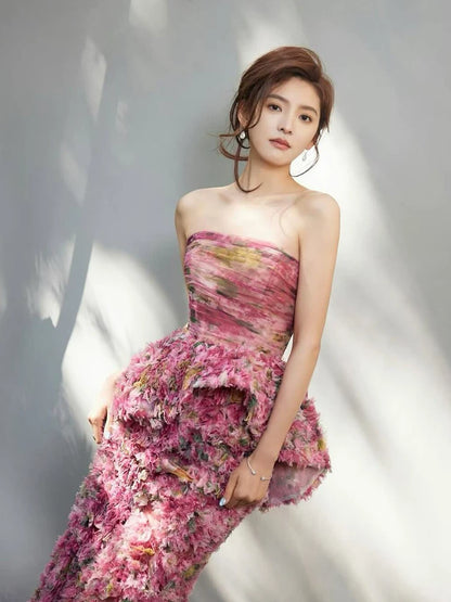 Princess Strapless Pink Prom Dress 3D Floral Tiered Mermaid Evening Dress AP7119