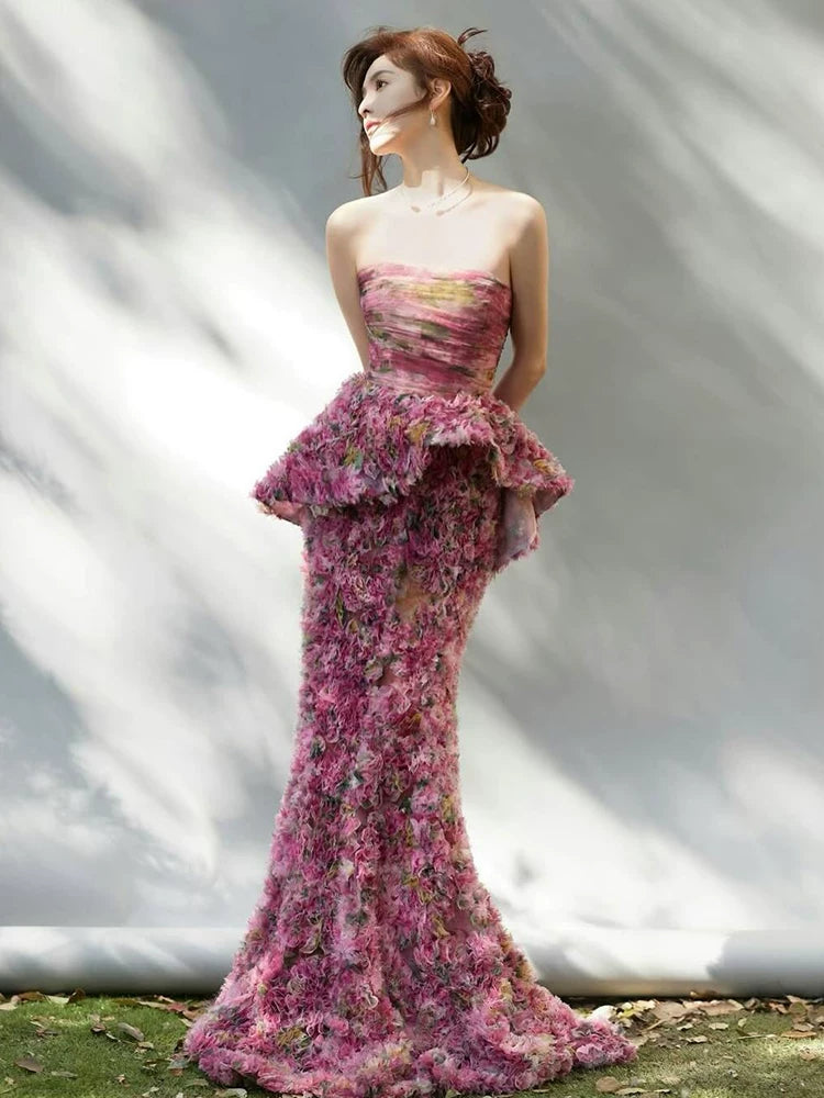 Princess Strapless Pink Prom Dress 3D Floral Tiered Mermaid Evening Dress AP7119