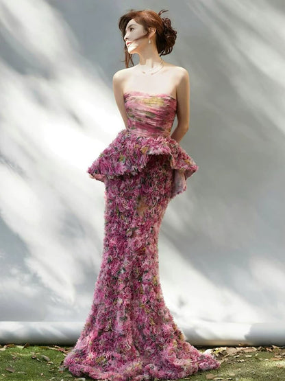 Princess Strapless Pink Prom Dress 3D Floral Tiered Mermaid Evening Dress AP7119