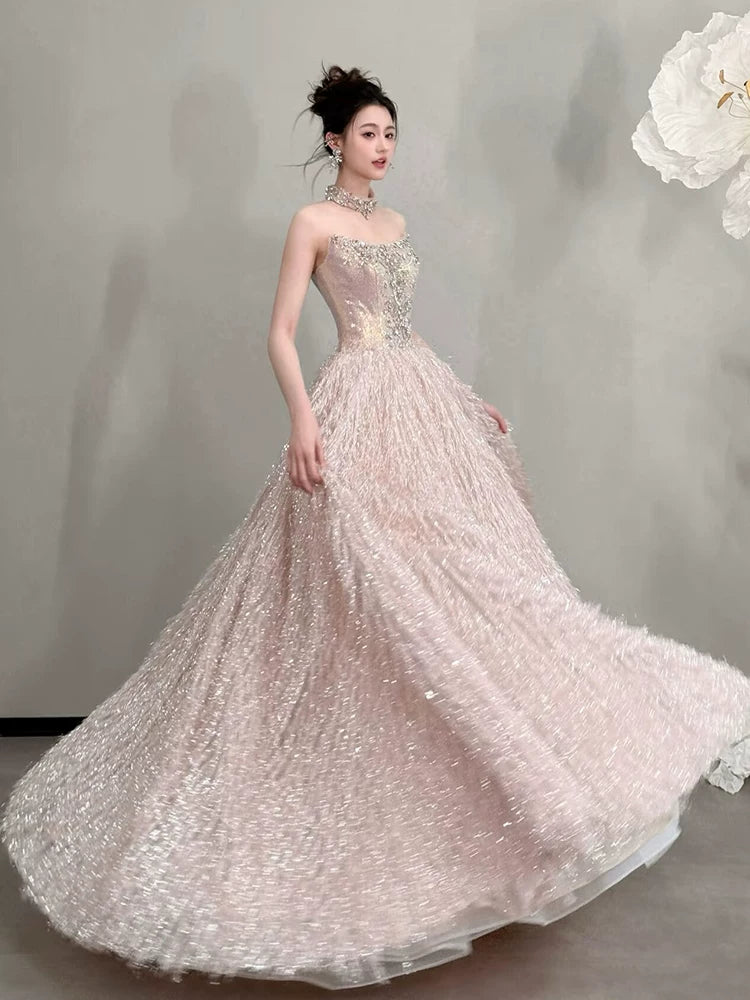 Pretty Strapless Beaded Bodice Prom Dress Pink Sequin Feather Ball Gown A-Line Formal Gowns AP7120