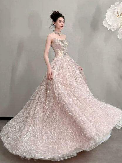 Pretty Strapless Beaded Bodice Prom Dress Pink Sequin Feather Ball Gown A-Line Formal Gowns AP7120