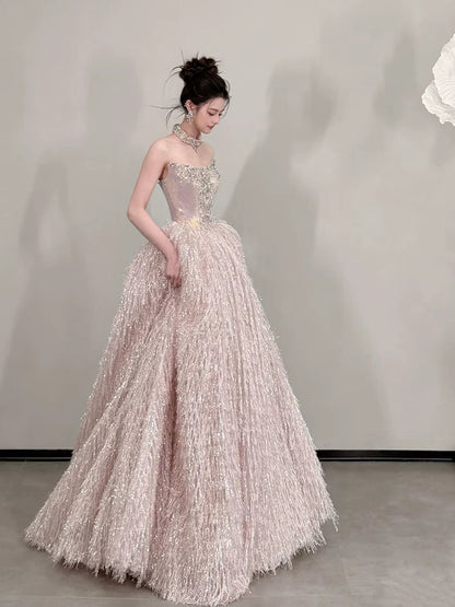 Pretty Strapless Beaded Bodice Prom Dress Pink Sequin Feather Ball Gown A-Line Formal Gowns AP7120