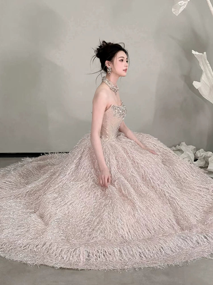 Pretty Strapless Beaded Bodice Prom Dress Pink Sequin Feather Ball Gown A-Line Formal Gowns AP7120