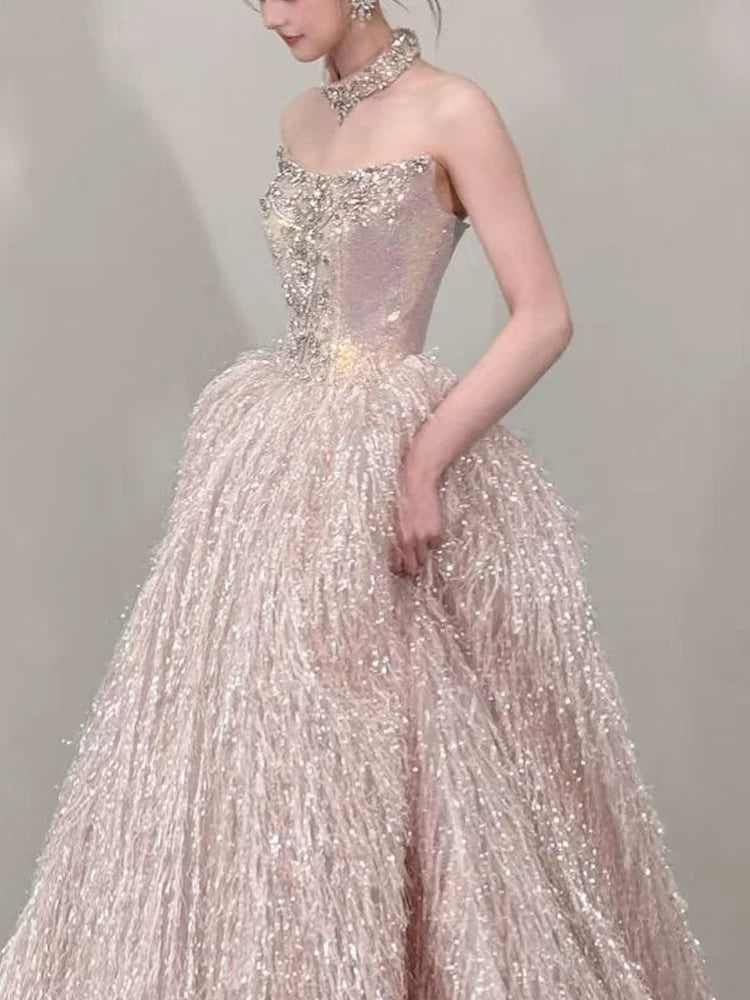 Pretty Strapless Beaded Bodice Prom Dress Pink Sequin Feather Ball Gown A-Line Formal Gowns AP7120