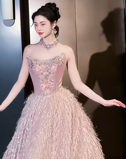 Pretty Strapless Beaded Bodice Prom Dress Pink Sequin Feather Ball Gown A-Line Formal Gowns AP7120