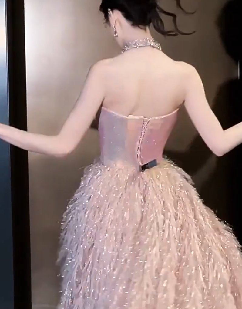 Pretty Strapless Beaded Bodice Prom Dress Pink Sequin Feather Ball Gown A-Line Formal Gowns AP7120