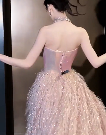 Pretty Strapless Beaded Bodice Prom Dress Pink Sequin Feather Ball Gown A-Line Formal Gowns AP7120