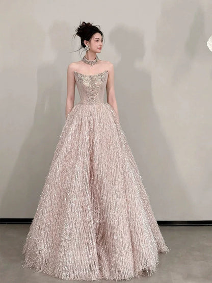 Pretty Strapless Beaded Bodice Prom Dress Pink Sequin Feather Ball Gown A-Line Formal Gowns AP7120