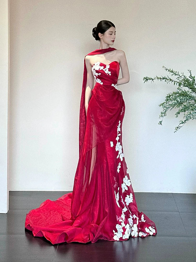 Fancy Strapless Red Mermaid Prom Dress With Scarf Tulle Appliques Formal Dress AP7121