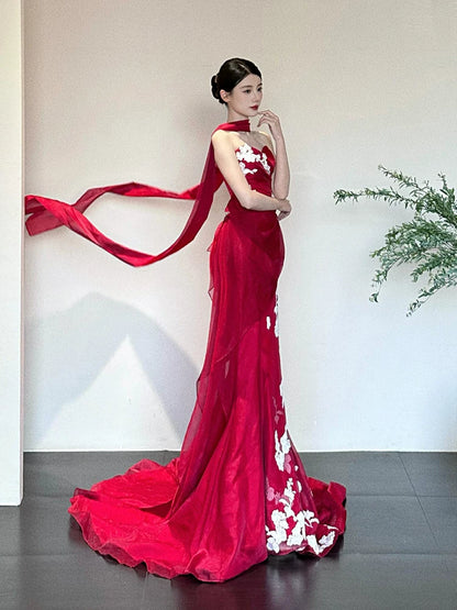 Fancy Strapless Red Mermaid Prom Dress With Scarf Tulle Appliques Formal Dress AP7121