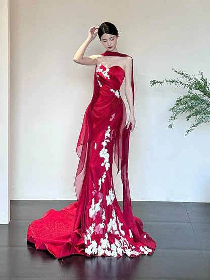 Fancy Strapless Red Mermaid Prom Dress With Scarf Tulle Appliques Formal Dress AP7121