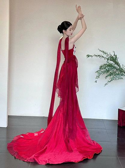 Fancy Strapless Red Mermaid Prom Dress With Scarf Tulle Appliques Formal Dress AP7121