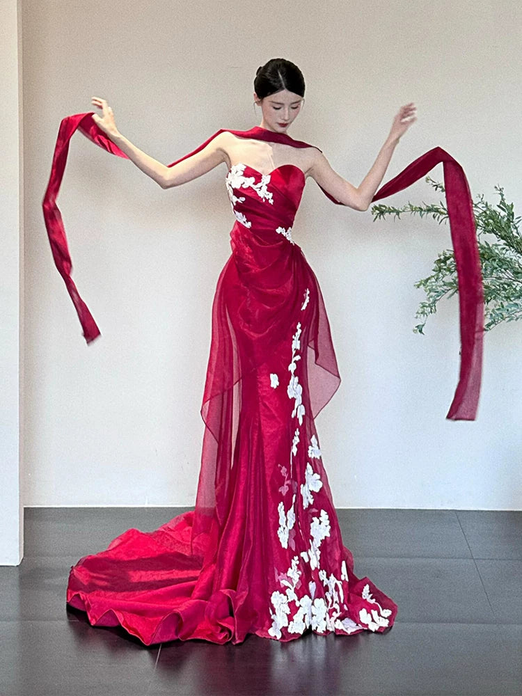 Fancy Strapless Red Mermaid Prom Dress With Scarf Tulle Appliques Formal Dress AP7121