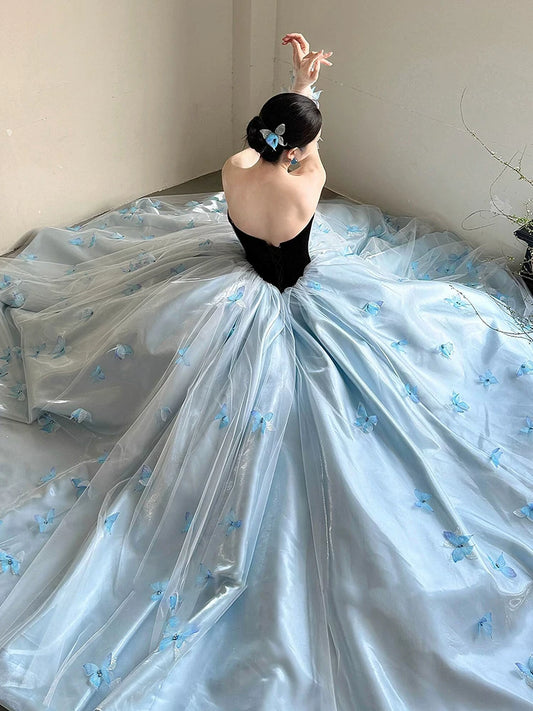 Delicate Strapless Beads Black Bodice Prom Dress Blue Appliques Ball Gown A-Line Evening Dresses AP7122