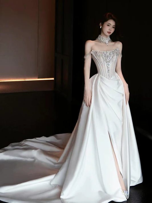 Casual Off-Shoulder Beaded Bodice Wedding Dress Slit Satin A-Line Bridal Dress AP7123