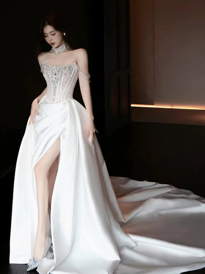 Casual Off-Shoulder Beaded Bodice Wedding Dress Slit Satin A-Line Bridal Dress AP7123