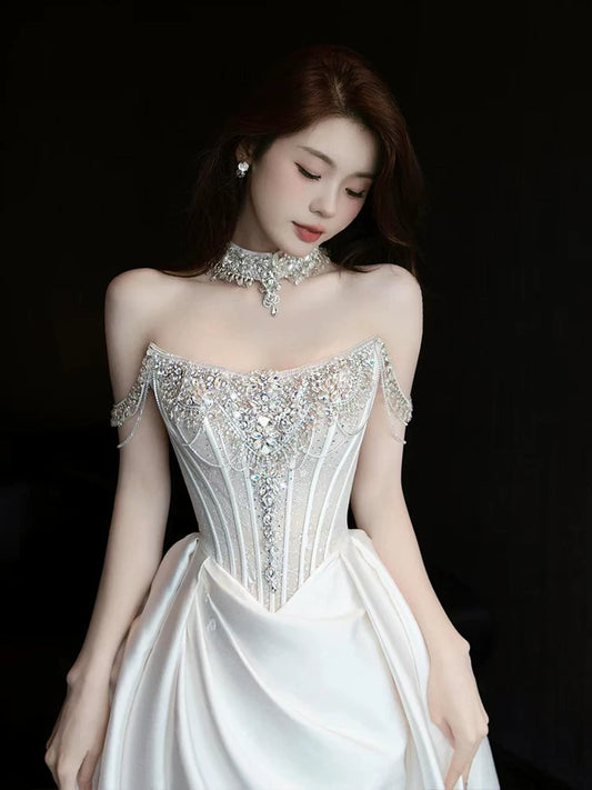 Casual Off-Shoulder Beaded Bodice Wedding Dress Slit Satin A-Line Bridal Dress AP7123