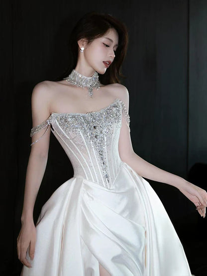 Casual Off-Shoulder Beaded Bodice Wedding Dress Slit Satin A-Line Bridal Dress AP7123