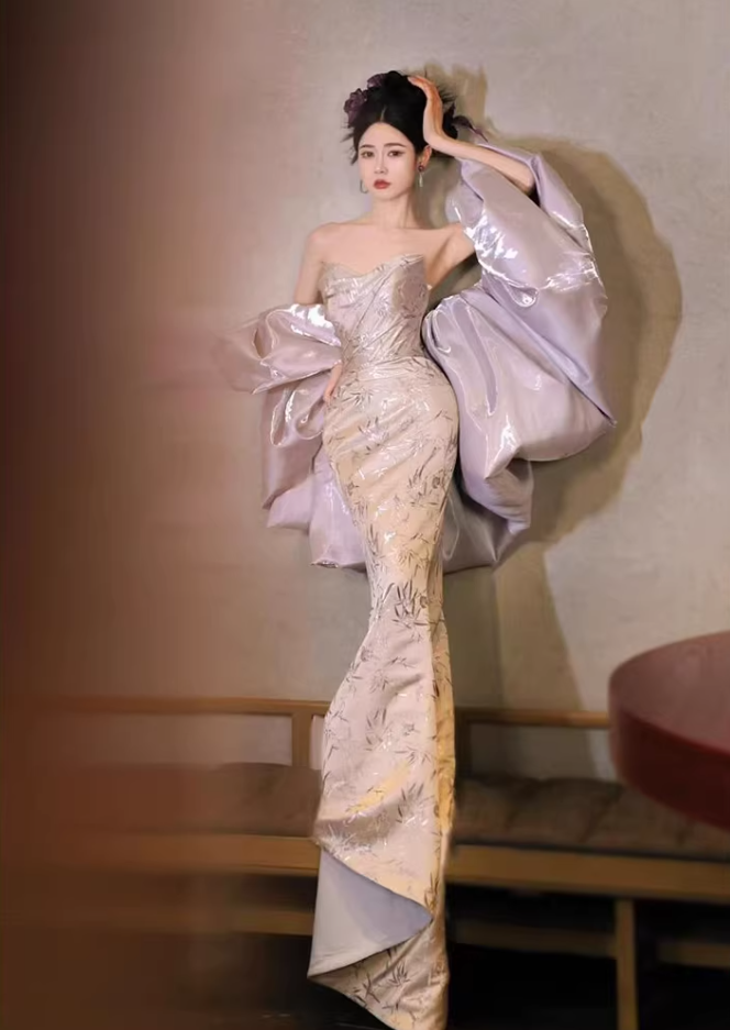Gen Z Style Strapless Mermaid Prom Dress With Shawl Jacquard Formal Dress AP7124