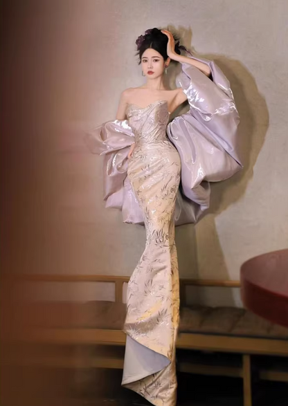 Gen Z Style Strapless Mermaid Prom Dress With Shawl Jacquard Formal Dress AP7124