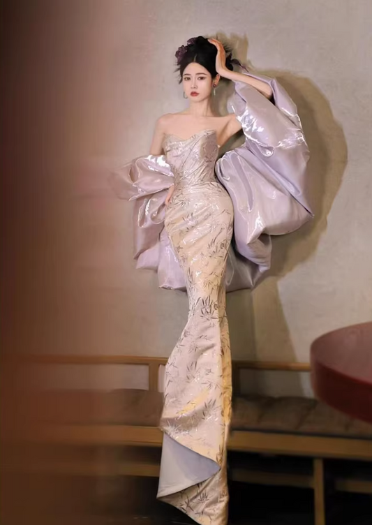 Gen Z Style Strapless Mermaid Prom Dress With Shawl Jacquard Formal Dress AP7124