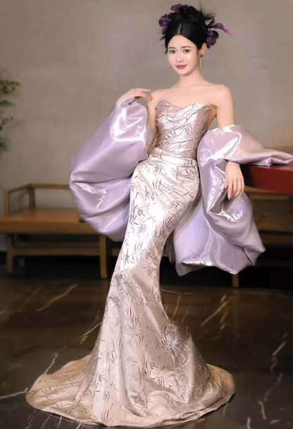 Gen Z Style Strapless Mermaid Prom Dress With Shawl Jacquard Formal Dress AP7124