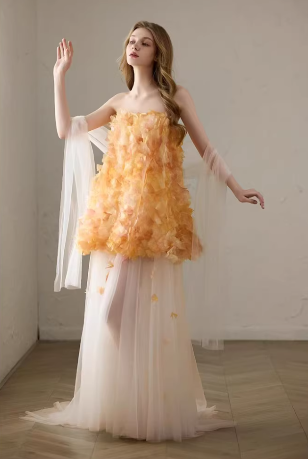 Y2K Style Strapless Orange Prom Dress With Scarf Appliques Ball Gown A-Line Tulle Evening Dresses AP7125