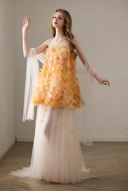 Y2K Style Strapless Orange Prom Dress With Scarf Appliques Ball Gown A-Line Tulle Evening Dresses AP7125