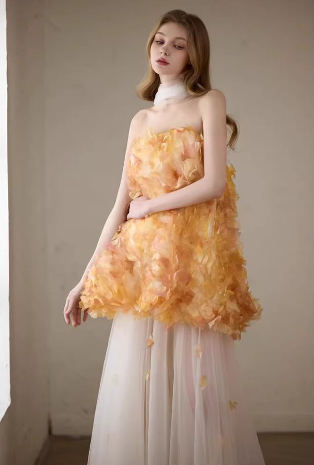 Y2K Style Strapless Orange Prom Dress With Scarf Appliques Ball Gown A-Line Tulle Evening Dresses AP7125