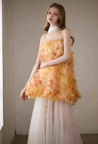 Y2K Style Strapless Orange Prom Dress With Scarf Appliques Ball Gown A-Line Tulle Evening Dresses AP7125