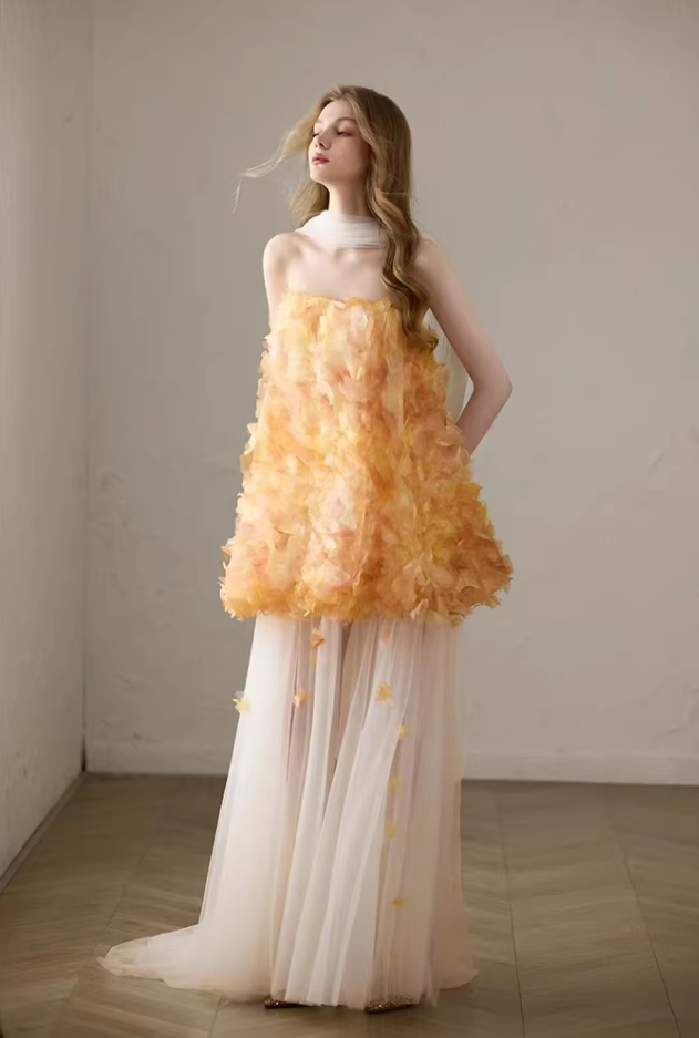 Y2K Style Strapless Orange Prom Dress With Scarf Appliques Ball Gown A-Line Tulle Evening Dresses AP7125