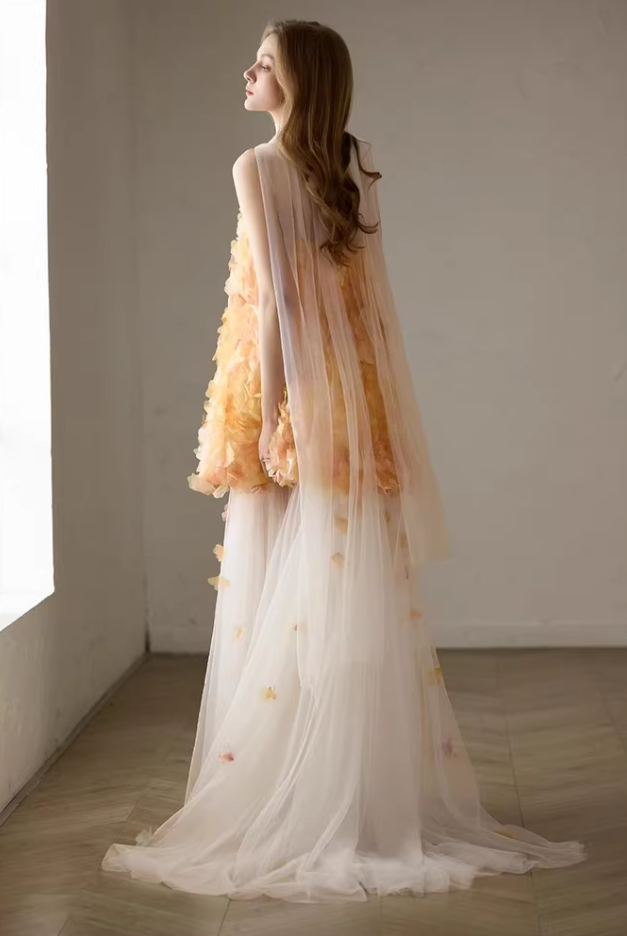 Y2K Style Strapless Orange Prom Dress With Scarf Appliques Ball Gown A-Line Tulle Evening Dresses AP7125