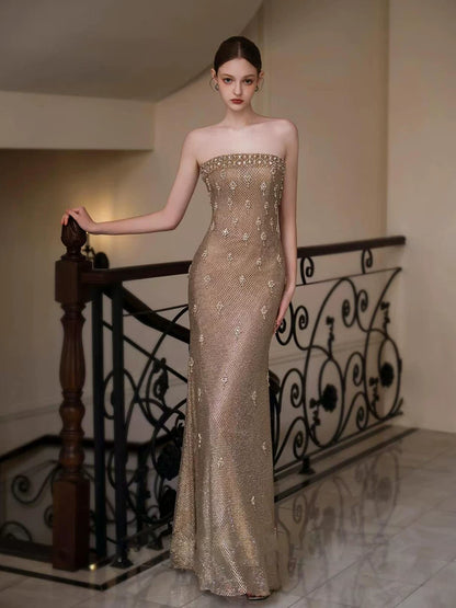 Retro Strapless Beading Gold Prom Dress Sequins Mermaid Formal Dress AP7126