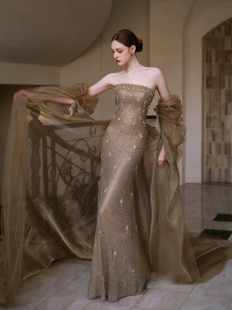 Retro Strapless Beading Gold Prom Dress Sequins Mermaid Formal Dress AP7126
