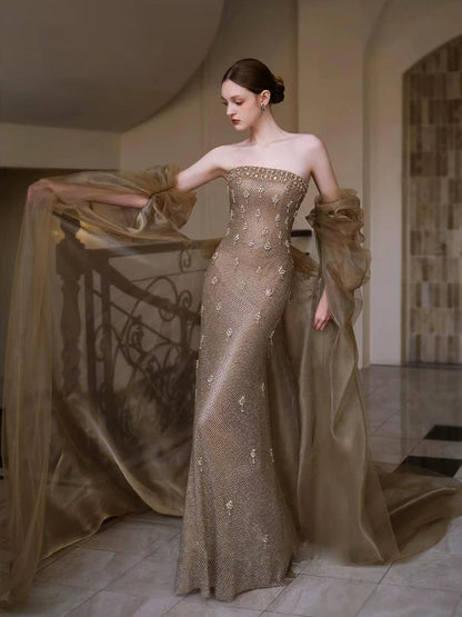 Retro Strapless Beading Gold Prom Dress Sequins Mermaid Formal Dress AP7126