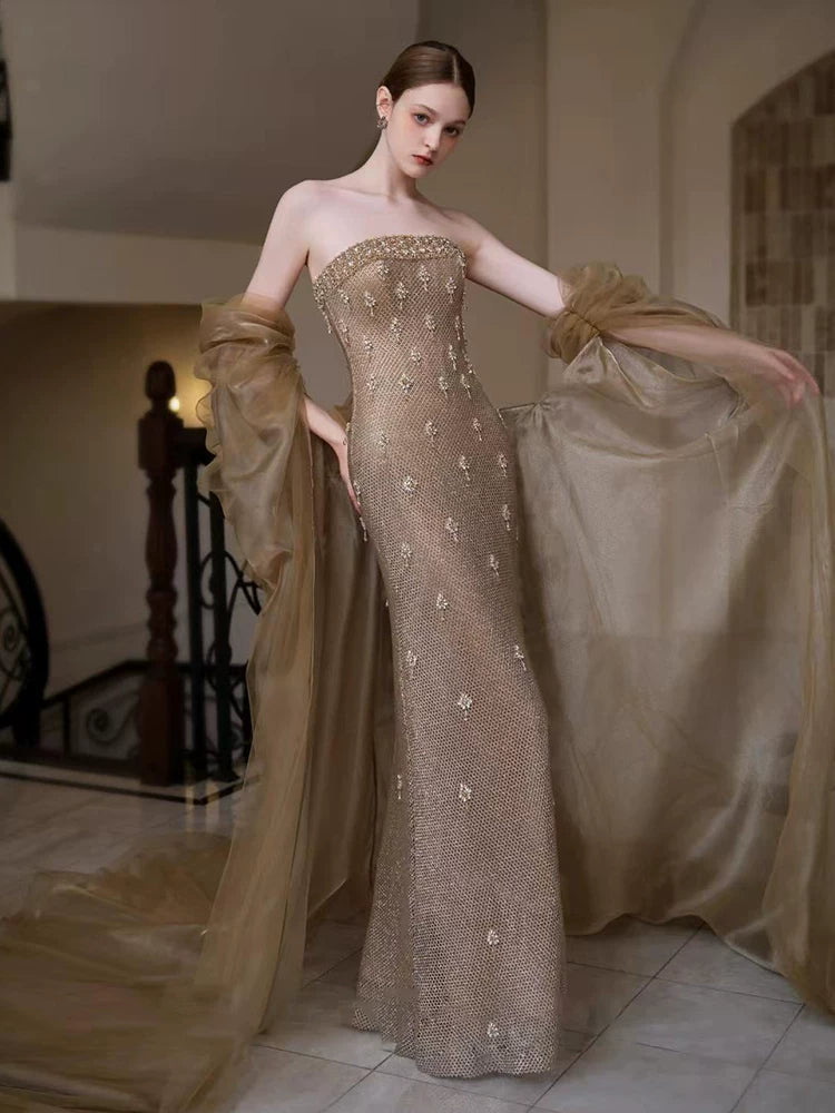 Retro Strapless Beading Gold Prom Dress Sequins Mermaid Formal Dress AP7126