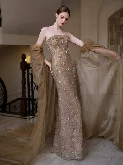 Retro Strapless Beading Gold Prom Dress Sequins Mermaid Formal Dress AP7126