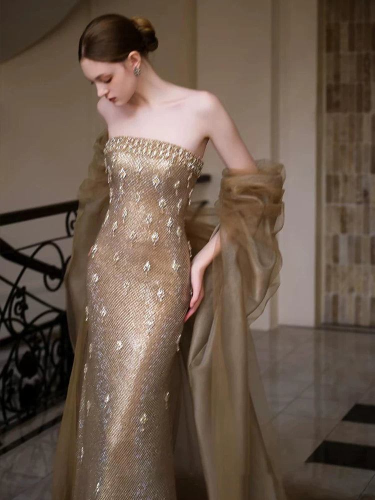 Retro Strapless Beading Gold Prom Dress Sequins Mermaid Formal Dress AP7126
