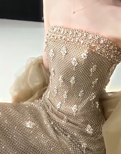 Retro Strapless Beading Gold Prom Dress Sequins Mermaid Formal Dress AP7126