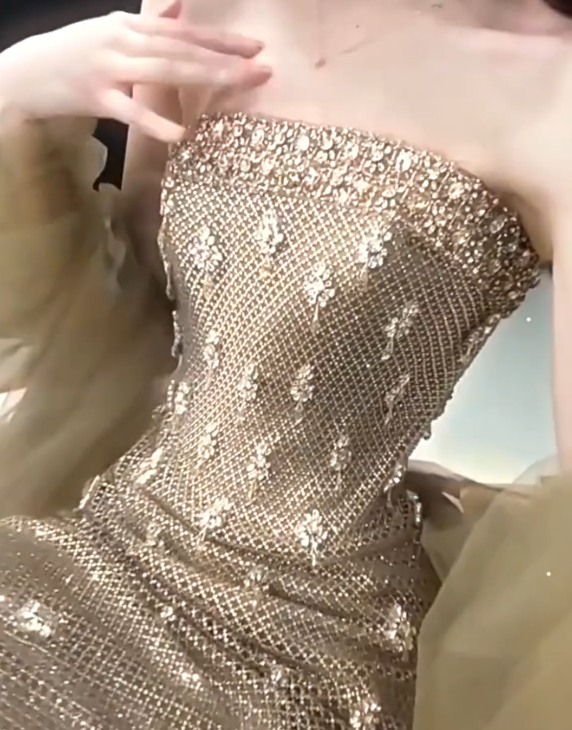 Retro Strapless Beading Gold Prom Dress Sequins Mermaid Formal Dress AP7126