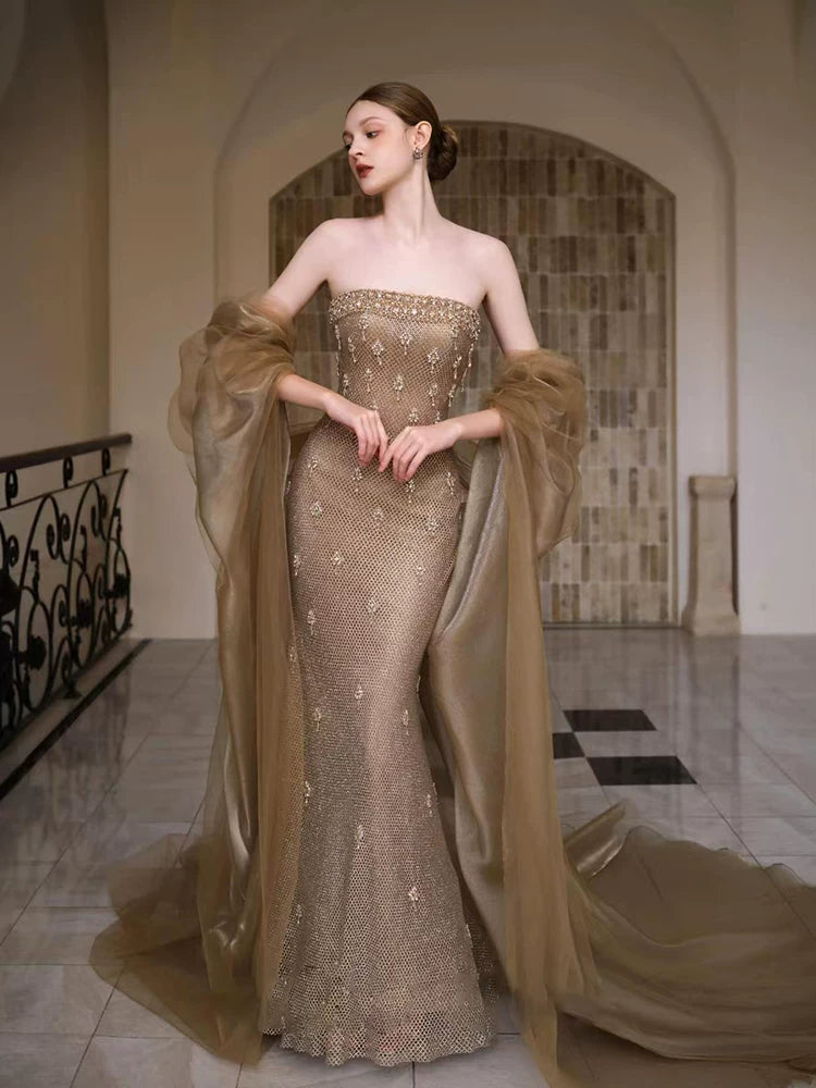 Retro Strapless Beading Gold Prom Dress Sequins Mermaid Formal Dress AP7126