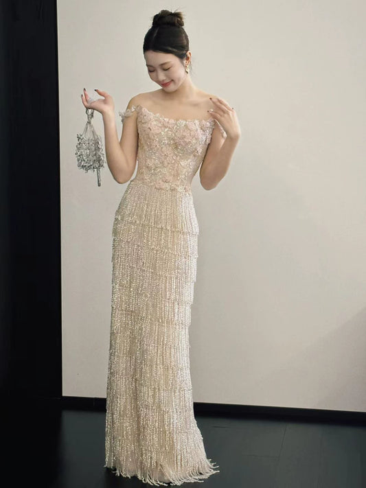 Fairy Spaghetti Strap Appliques Prom Dress Tassel Sequins Sheath Evening Dress AP7127