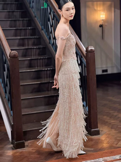 Fairy Spaghetti Strap Appliques Prom Dress Tassel Sequins Sheath Evening Dress AP7127