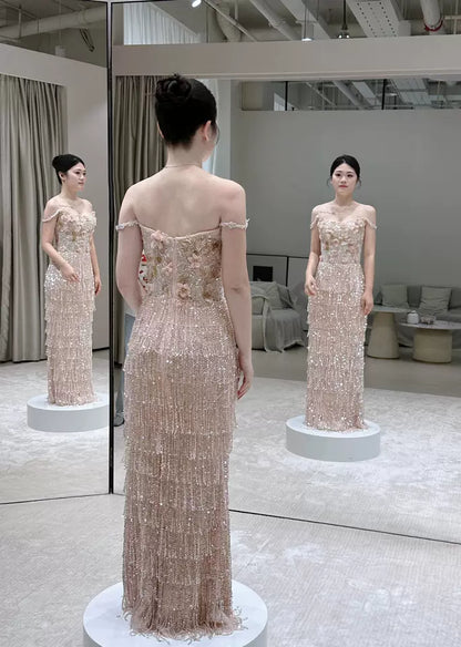 Fairy Spaghetti Strap Appliques Prom Dress Tassel Sequins Sheath Evening Dress AP7127