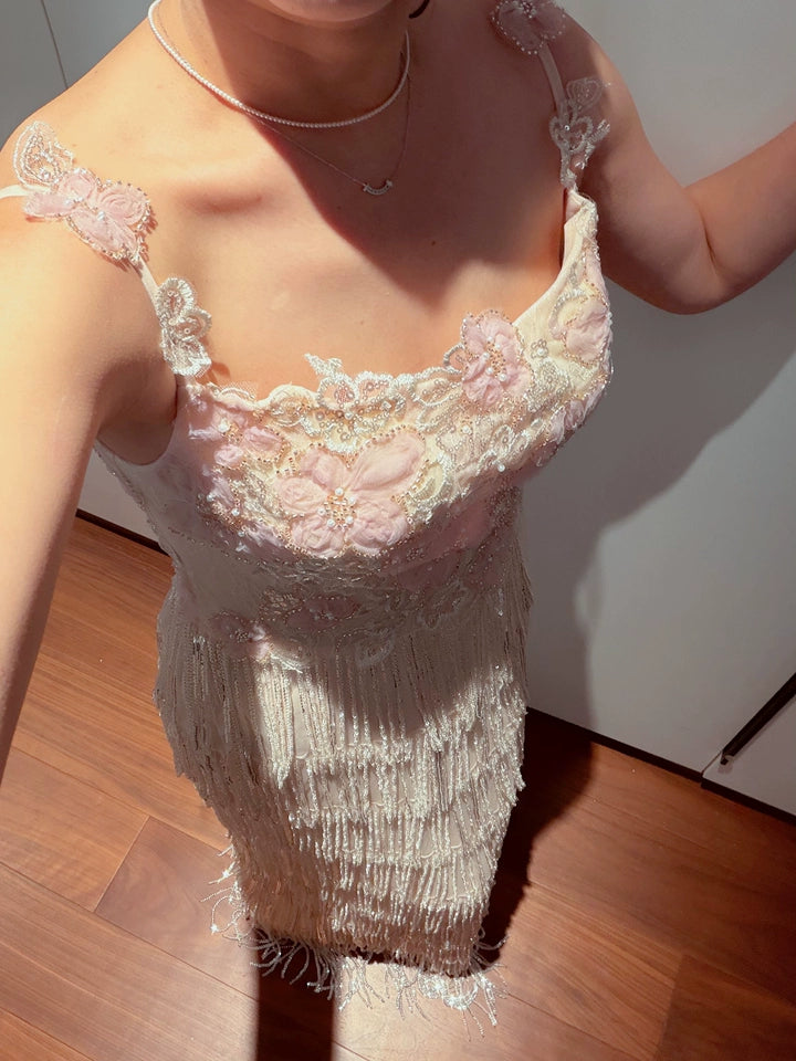 Fairy Spaghetti Strap Appliques Prom Dress Tassel Sequins Sheath Evening Dress AP7127
