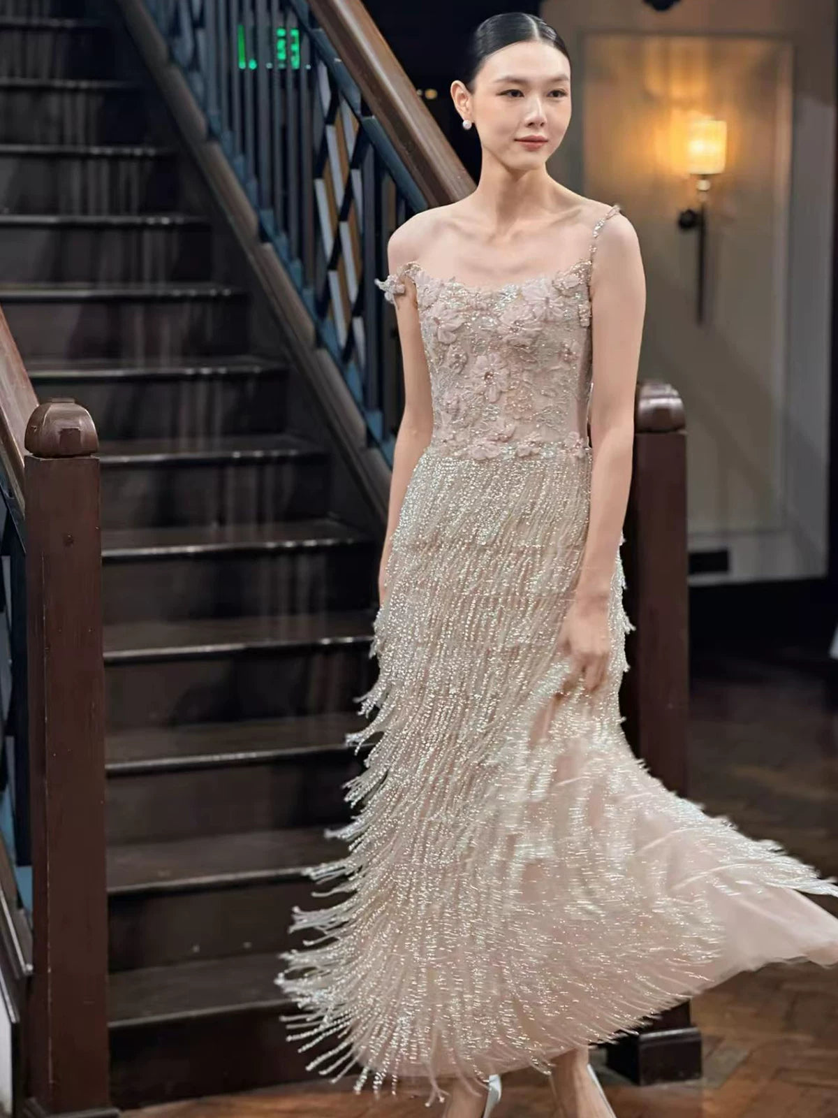Fairy Spaghetti Strap Appliques Prom Dress Tassel Sequins Sheath Evening Dress AP7127