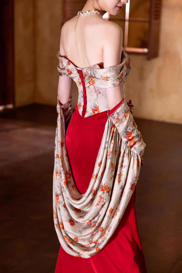New Tendency Off-Shoulder Floral Bodice Slit Prom Dress Red Beading Appliques Evening Dress AP7128